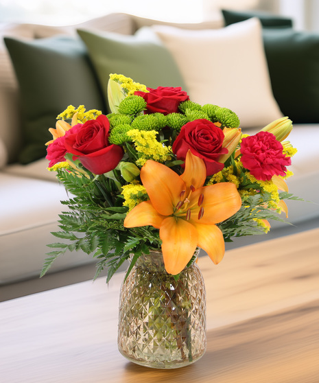 Sunshine bouquet with Asiatic lilies, carnations & poms in a glass vase. Bright, cheerful floral gift perfect for gifting