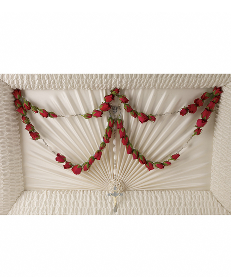 This stunning 50-bead rosary graced with red spray roses and placed inside the coffin is a beautiful and very personal tribute for the Catholic service.