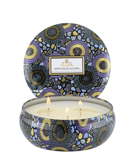 Voluspa's unique coconut wax blend is hand-poured into a 12 oz. metal vessel adorned in decorative pattern with a lid that keeps the candle dust-free when not in use.