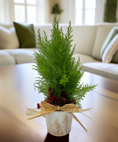 Holiday cypress tree in festive tin with red berries, mini pinecones & raffia bow. Perfect for desk, tabletop, or Christmas gift
