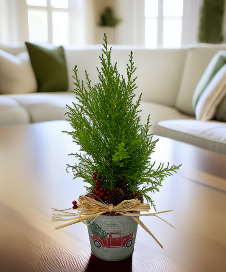 Season's Greetings Cypress - a cute evergreen tree with holiday accents