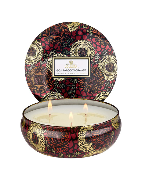 Voluspa's unique coconut wax blend is hand-poured into a 12 oz. metal vessel adorned in decorative pattern with a lid that keeps the candle dust-free when not in use.