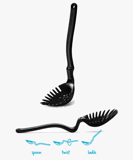 Holey Spadle is the amazing slotted spoon that turns into a straining ladle and pasta server.
