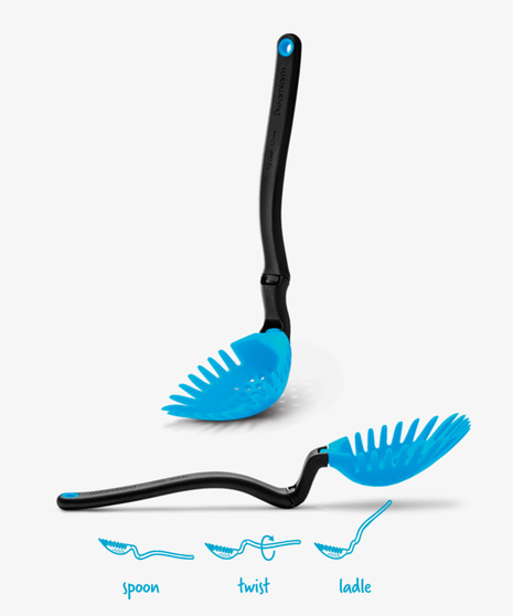 Holey Spadle is the amazing slotted spoon that turns into a straining ladle and pasta server.