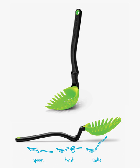 Holey Spadle is the amazing slotted spoon that turns into a straining ladle and pasta server.