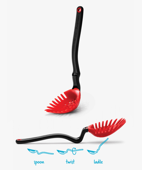 Holey Spadle is the amazing slotted spoon that turns into a straining ladle and pasta server.