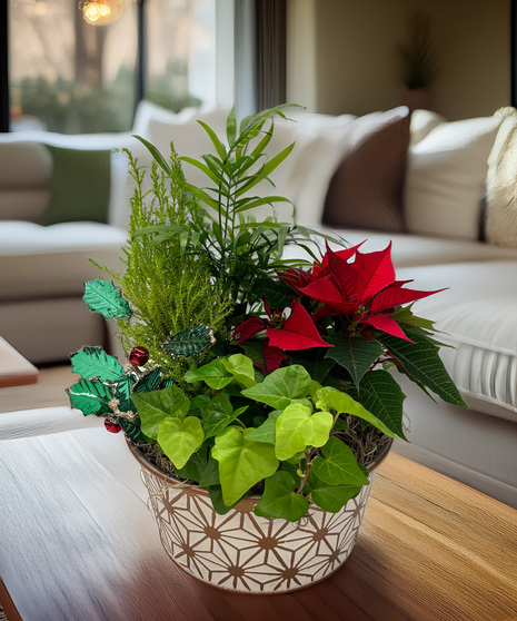 Festive poinsettia, cypress & foliage garden in star tin bowl with sparkling holly twig. Cheerful holiday décor or perfect Christmas gift.