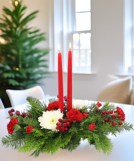 Let It Glow - classic red and white blooms with festive candlelight