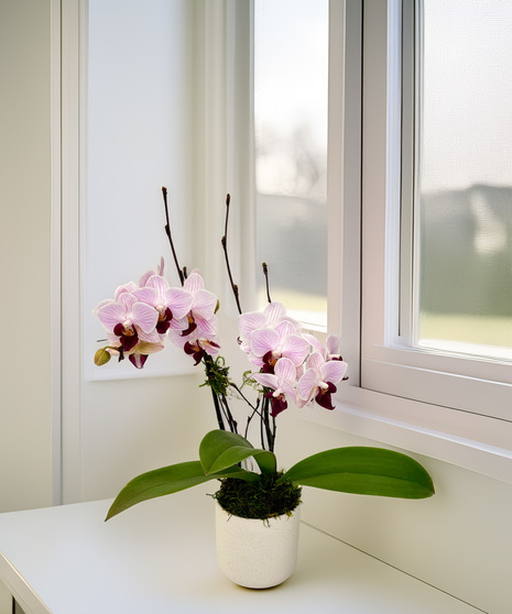 A mini phalaenopsis orchid in a decorative container.  Perfect for a desk.