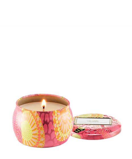 Voluspa's unique coconut wax blend is hand-poured into a 4 oz. metal vessel and is topped with a matching lid that keeps the candle dust-free when not in use.  25 hours.