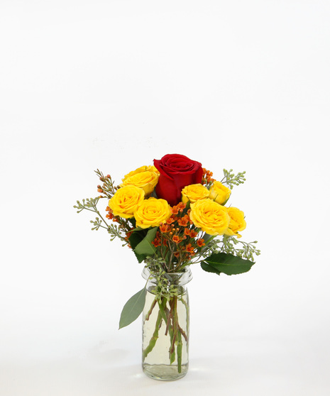 Simple Affection bouquet with spray roses, waxflower & eucalyptus in a bud vase. Petite floral gift perfect for gifting and thoughtful gestures