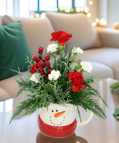 Snowman Mug - red and white blooms in a keepsage mug