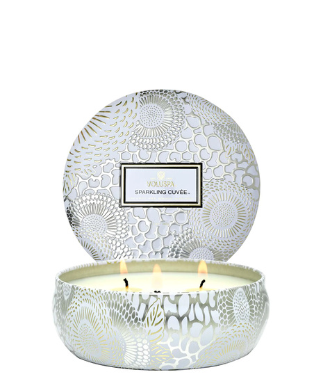 Voluspa's unique coconut wax blend is hand-poured into a 12 oz. metal vessel adorned in decorative pattern with a lid that keeps the candle dust-free when not in use.