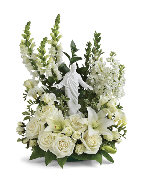 This exquisite porcelain sculpture of Jesus surrounded by radiant flowers will be a source of comfort to loved ones during a time of loss.