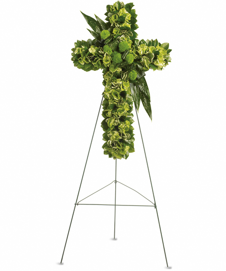 A spiritual tribute for the religious service, this lovely cross made of green hydrangea, green dianthus and other favorites symbolizes the hope for eternal life. 