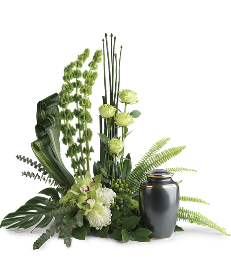 This elegant, Eastern-inspired arrangement of hydrangea and orchids surrounds the cremation urn with a natural peace and tranquility.