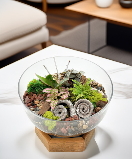 Terrarium in Glass Bowl with Wooden Stand - A miniature world of greenery and style